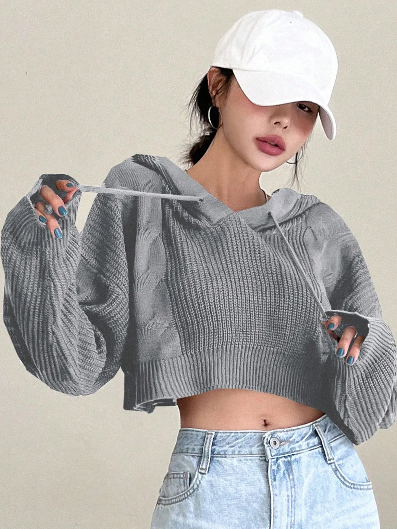 DAZY Solid Drop Shoulder Drawstring Hooded Crop Sweater