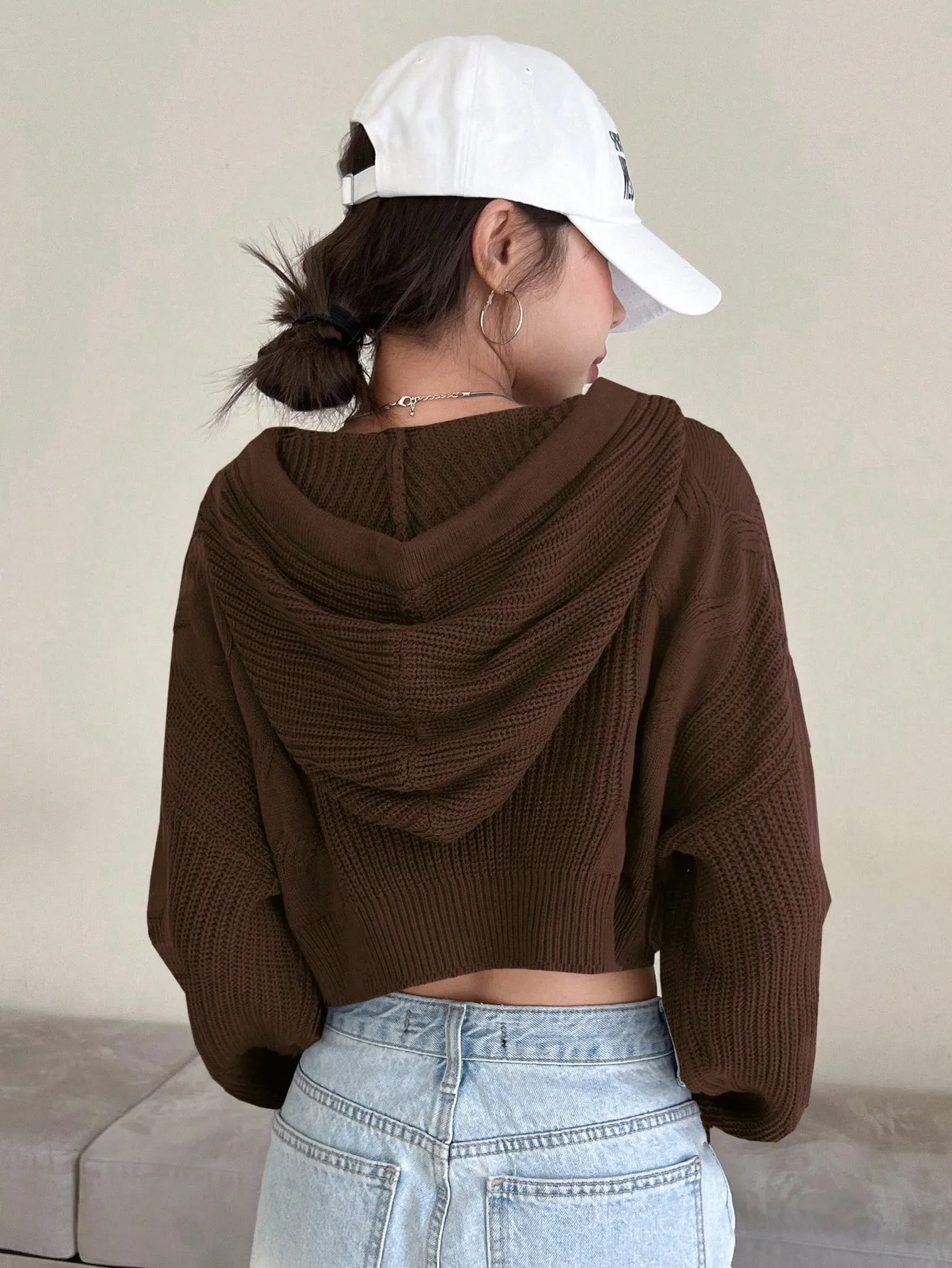 DAZY Solid Drop Shoulder Drawstring Hooded Crop Sweater