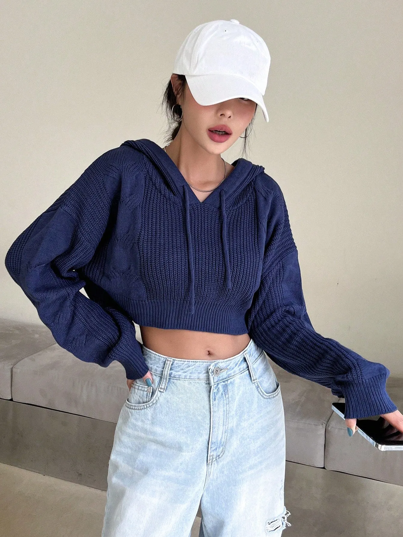 DAZY Solid Drop Shoulder Drawstring Hooded Crop Sweater