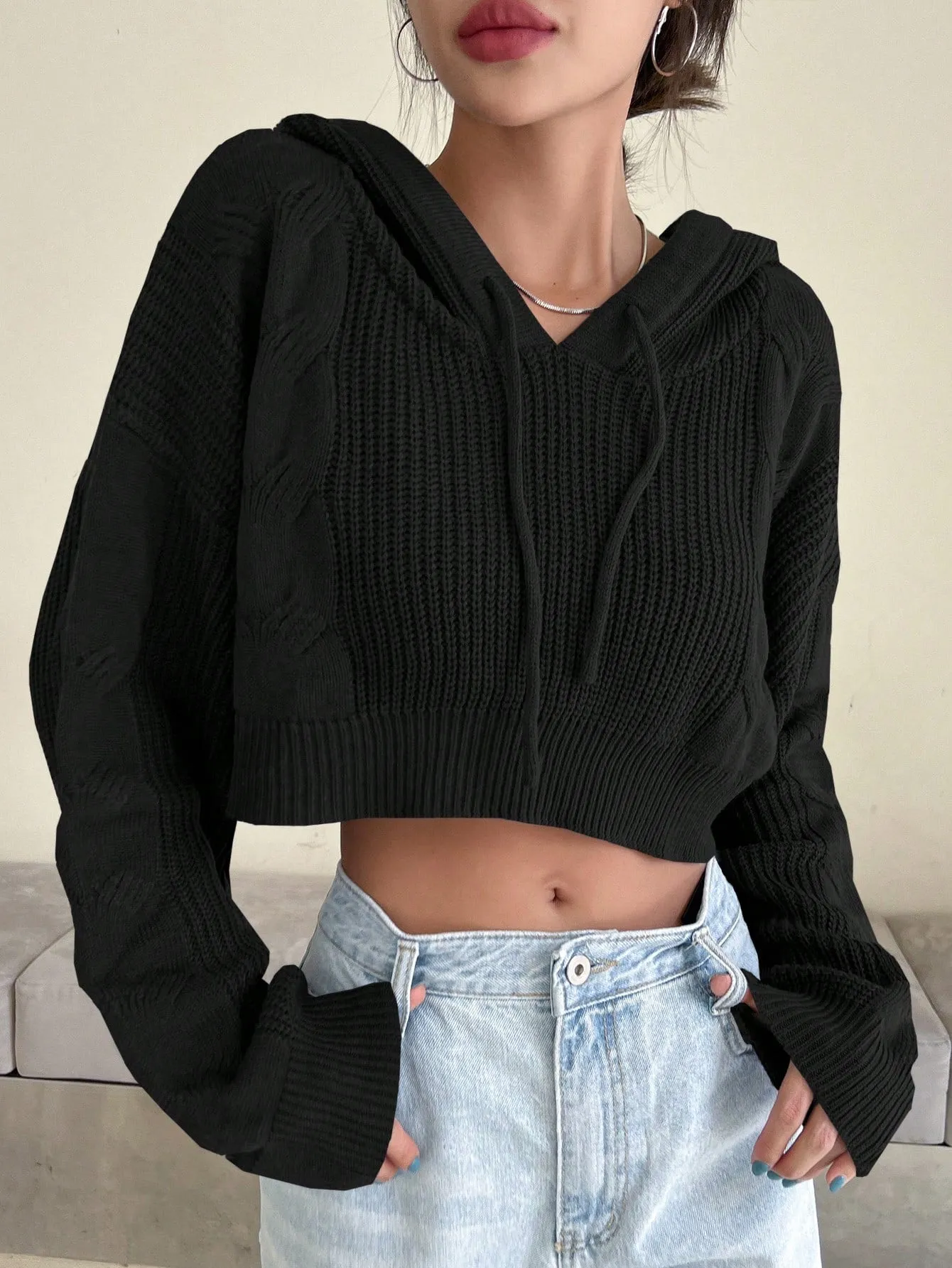 DAZY Solid Drop Shoulder Drawstring Hooded Crop Sweater