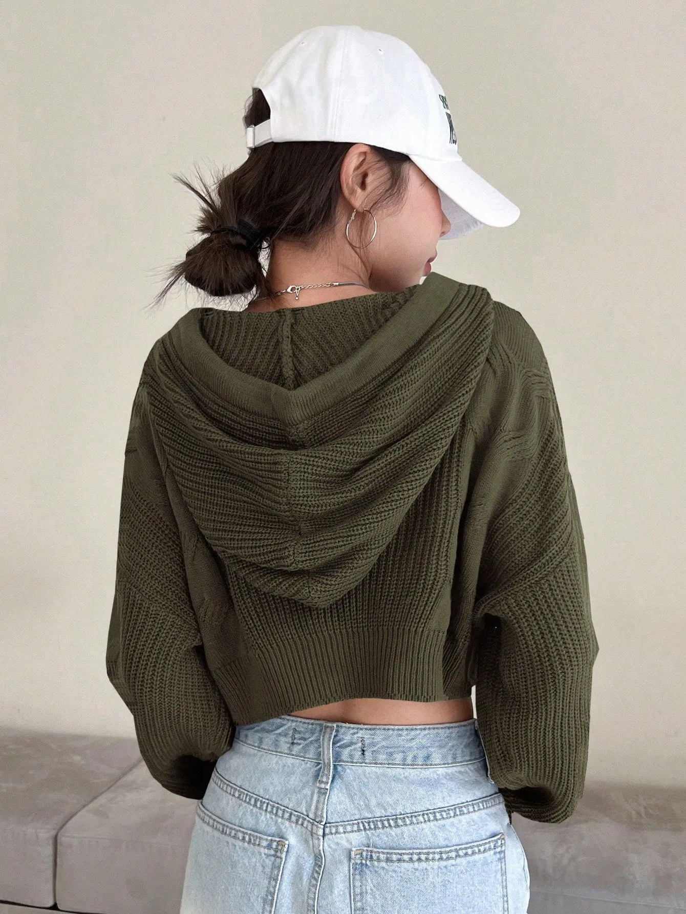 DAZY Solid Drop Shoulder Drawstring Hooded Crop Sweater