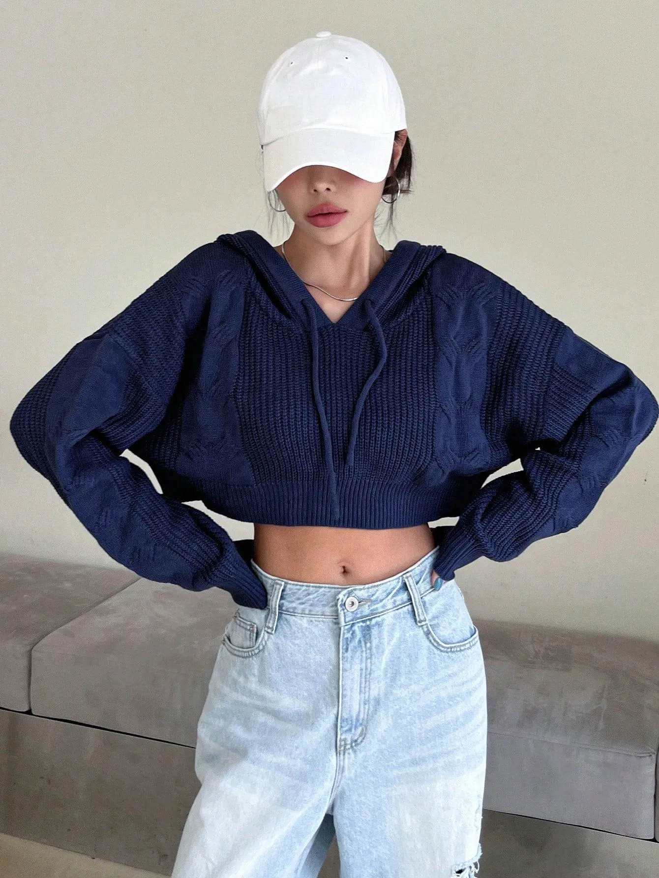 DAZY Solid Drop Shoulder Drawstring Hooded Crop Sweater