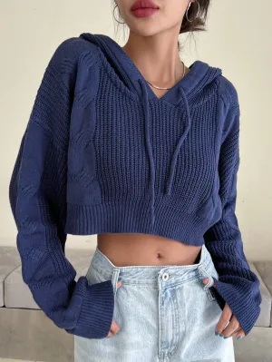 DAZY Solid Drop Shoulder Drawstring Hooded Crop Sweater