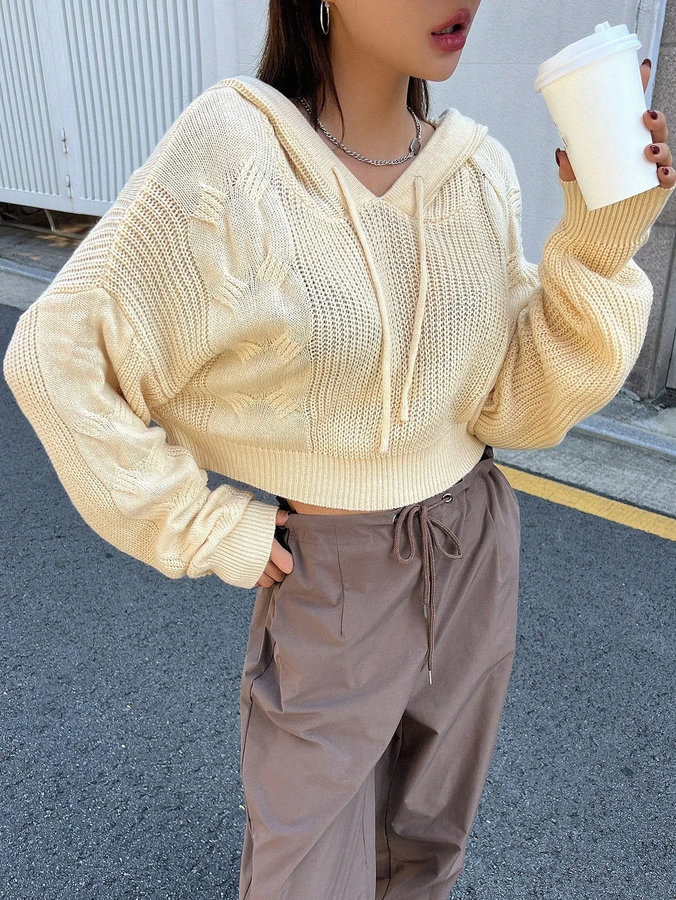 DAZY Solid Drop Shoulder Drawstring Hooded Crop Sweater