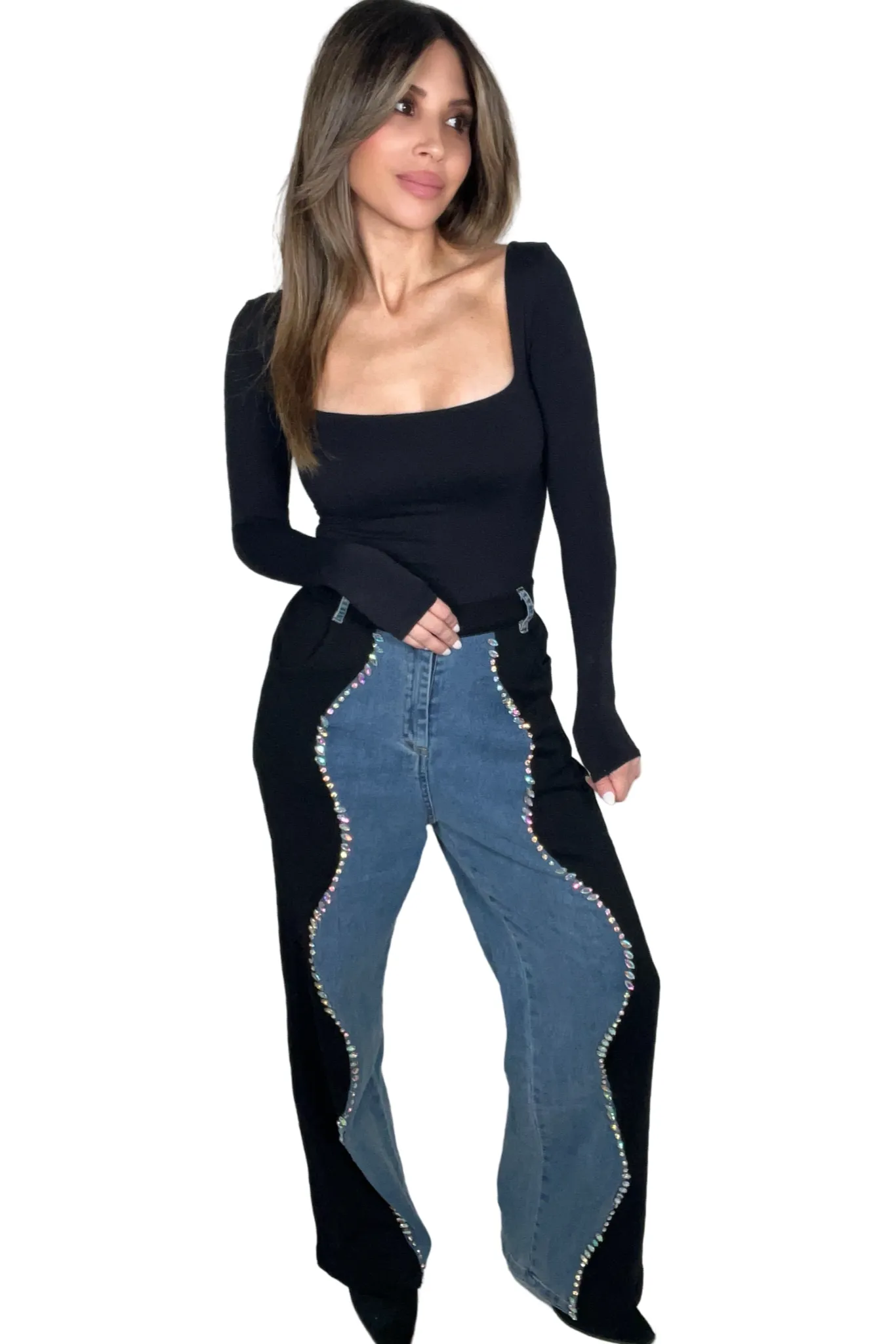 Denim Contrast Embellished Stretchy Jeans