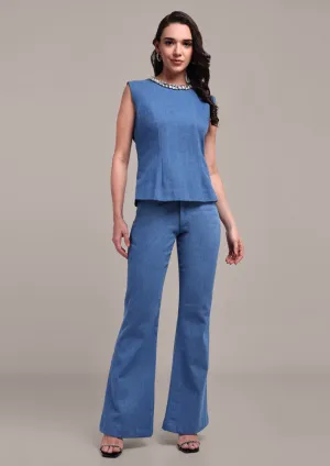 Denim Sleeveless Embellished Top & Boot Leg Pants Set
