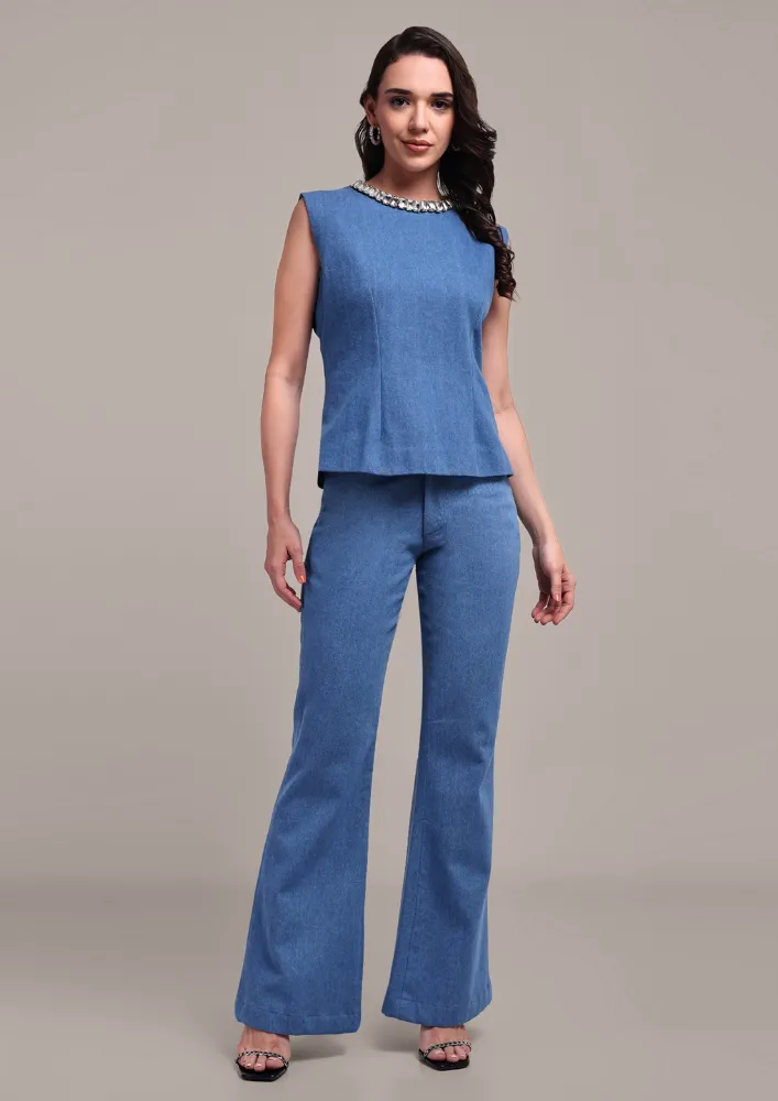 Denim Sleeveless Embellished Top & Boot Leg Pants Set