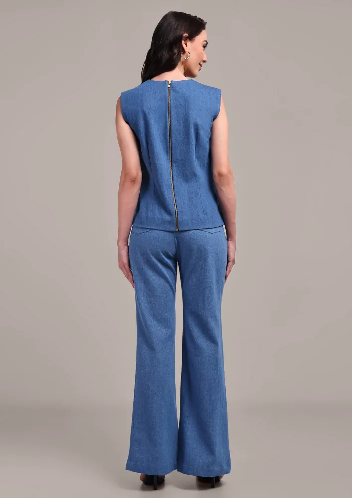 Denim Sleeveless Embellished Top & Boot Leg Pants Set