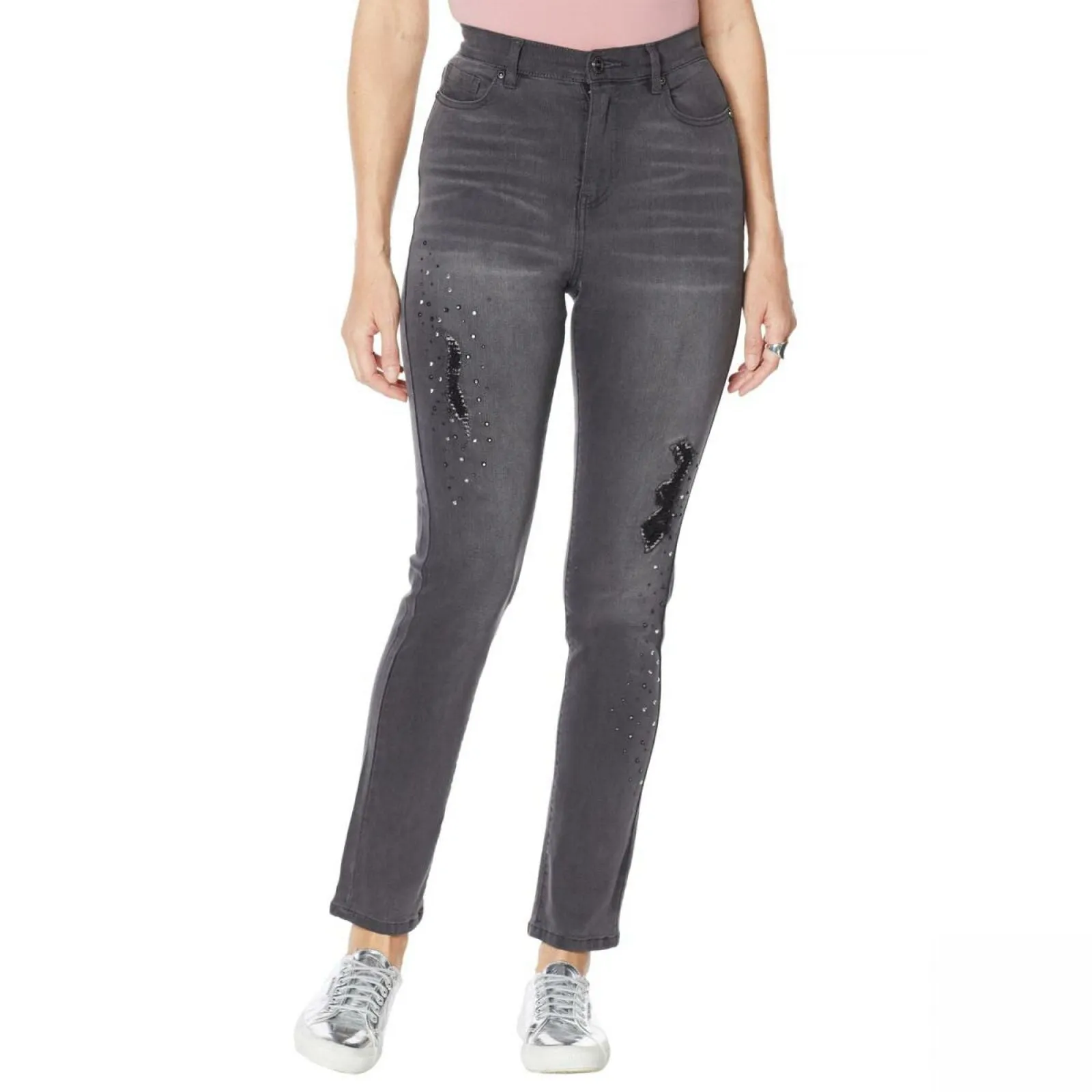 DG2 by Diane Gilman Embellished Distressed Anniversary Jeans Gray 10