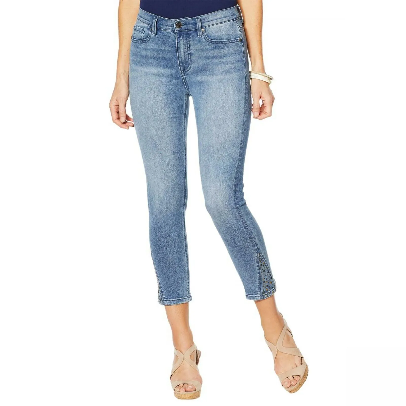 DG2 by Diane Gilman Studded Side Gusset Cropped Skinny Jeans Midtone 12