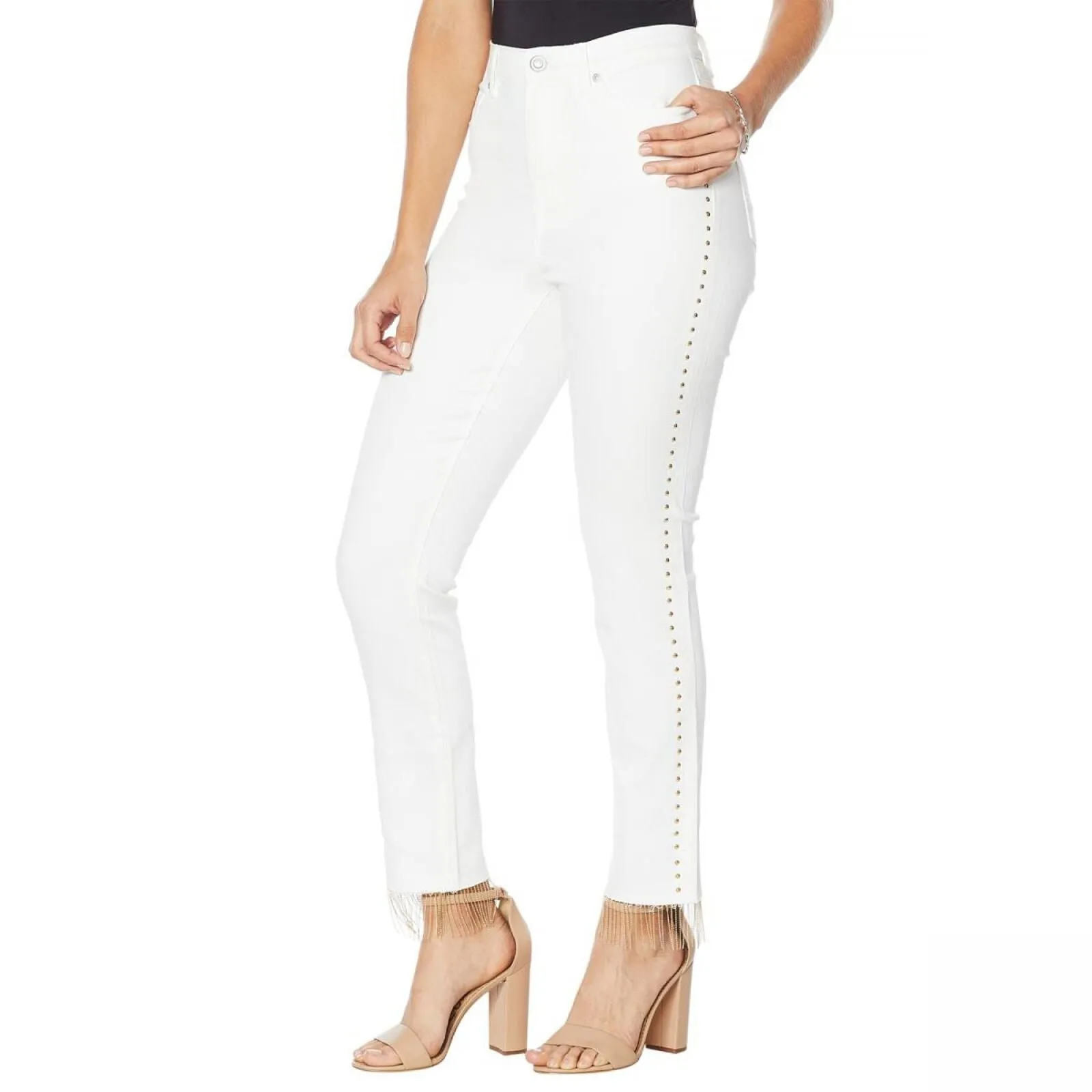 DG2 by Diane Gilman Womens Embellished Side Stripe Fringe-Hem Jean White 8