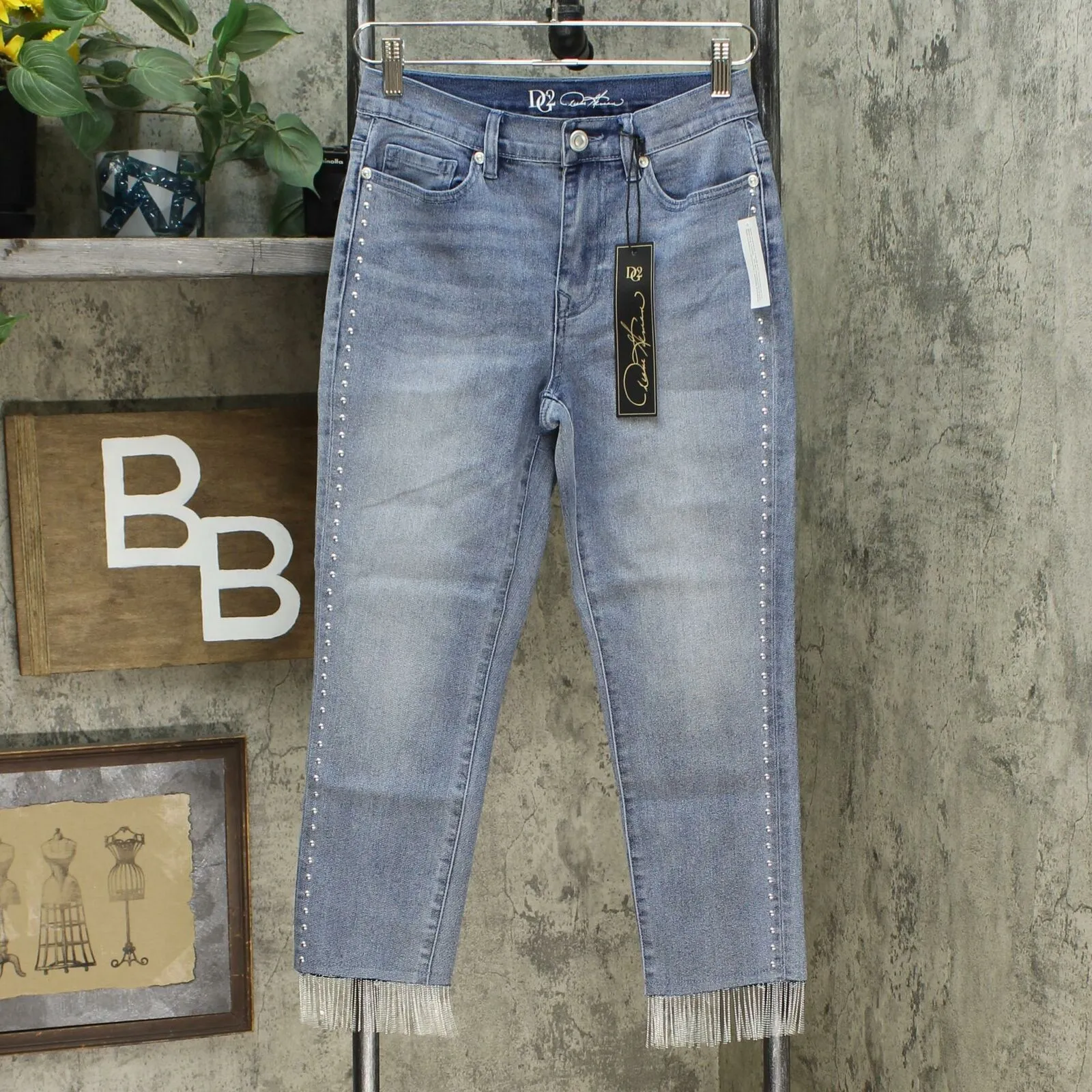 DG2 by Diane Gilman Women's Petite Embellished Side Fringe Hem Jeans