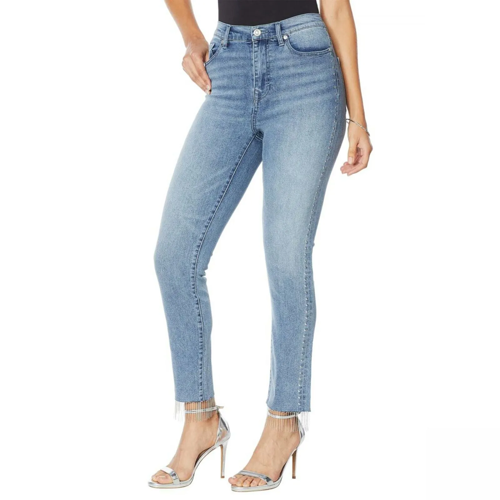 DG2 by Diane Gilman Women's Petite Embellished Side Fringe Hem Jeans