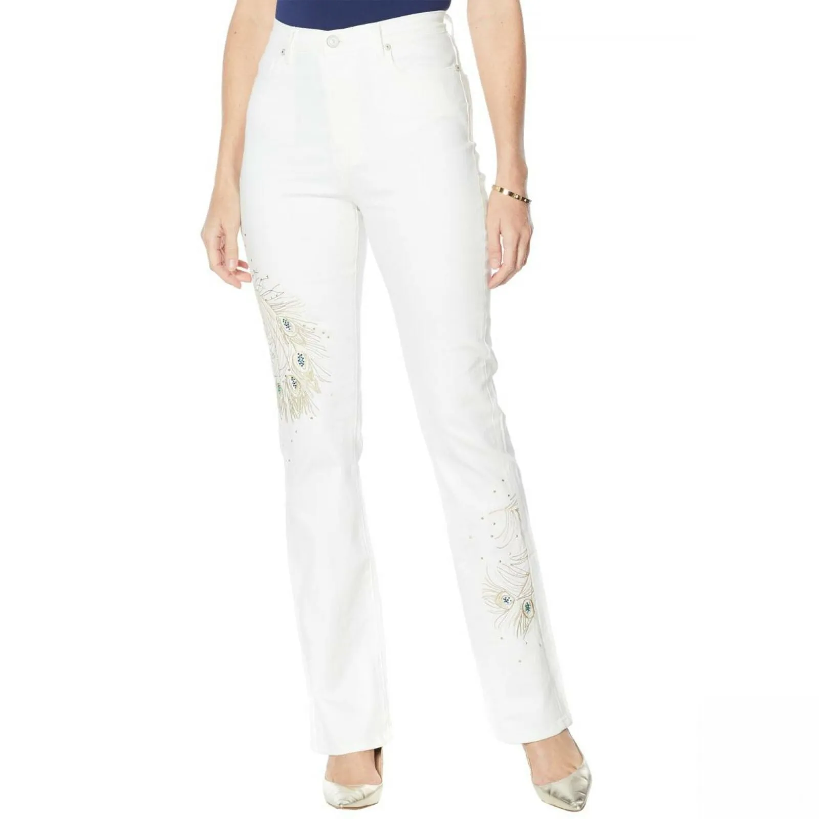 DG2 By Diane Gilman Women's Petite Peacock Embellished Boot Cut Jeans