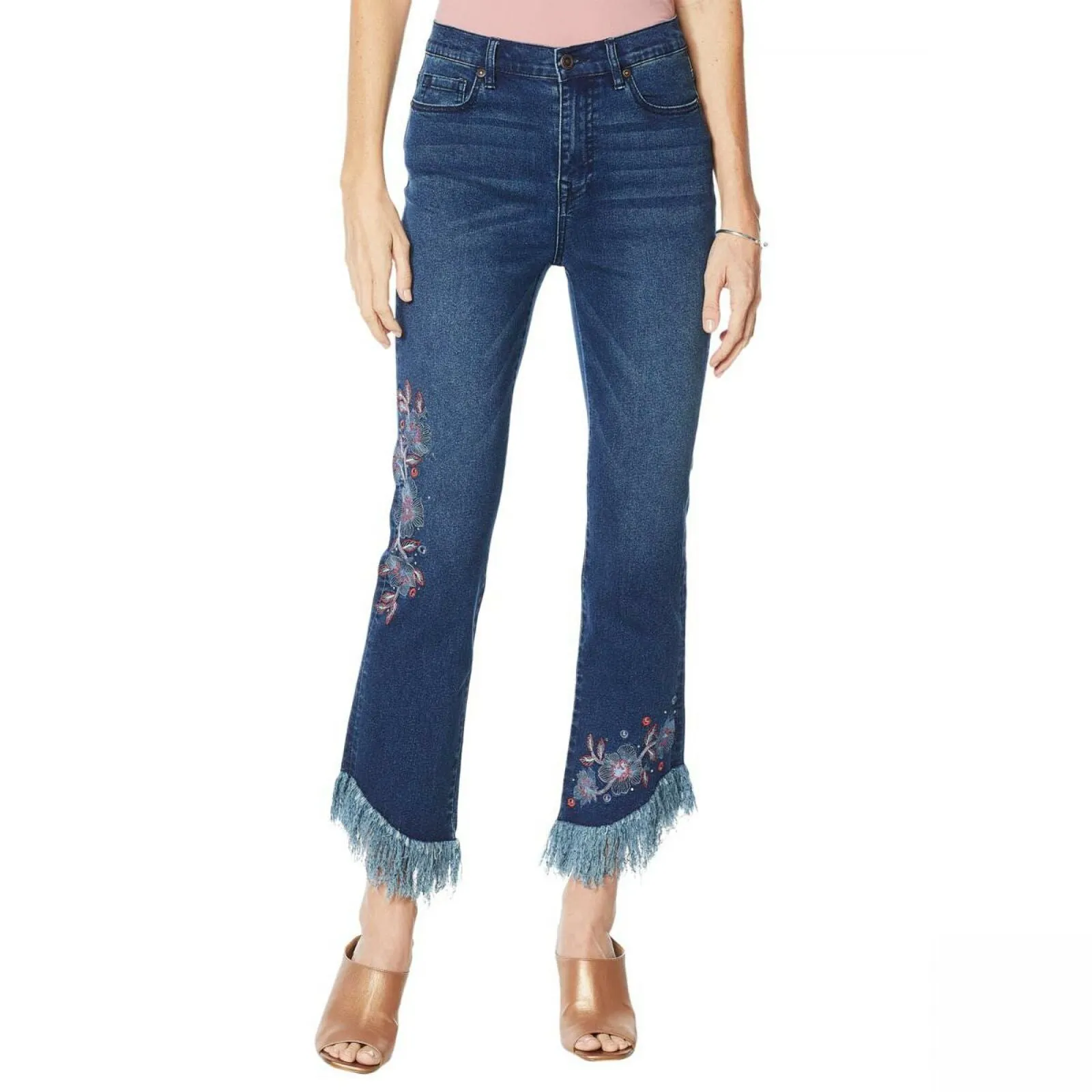 DG2 by Diane Gilman Women's Tall Embellished Fringe Hem Cropped Jeans