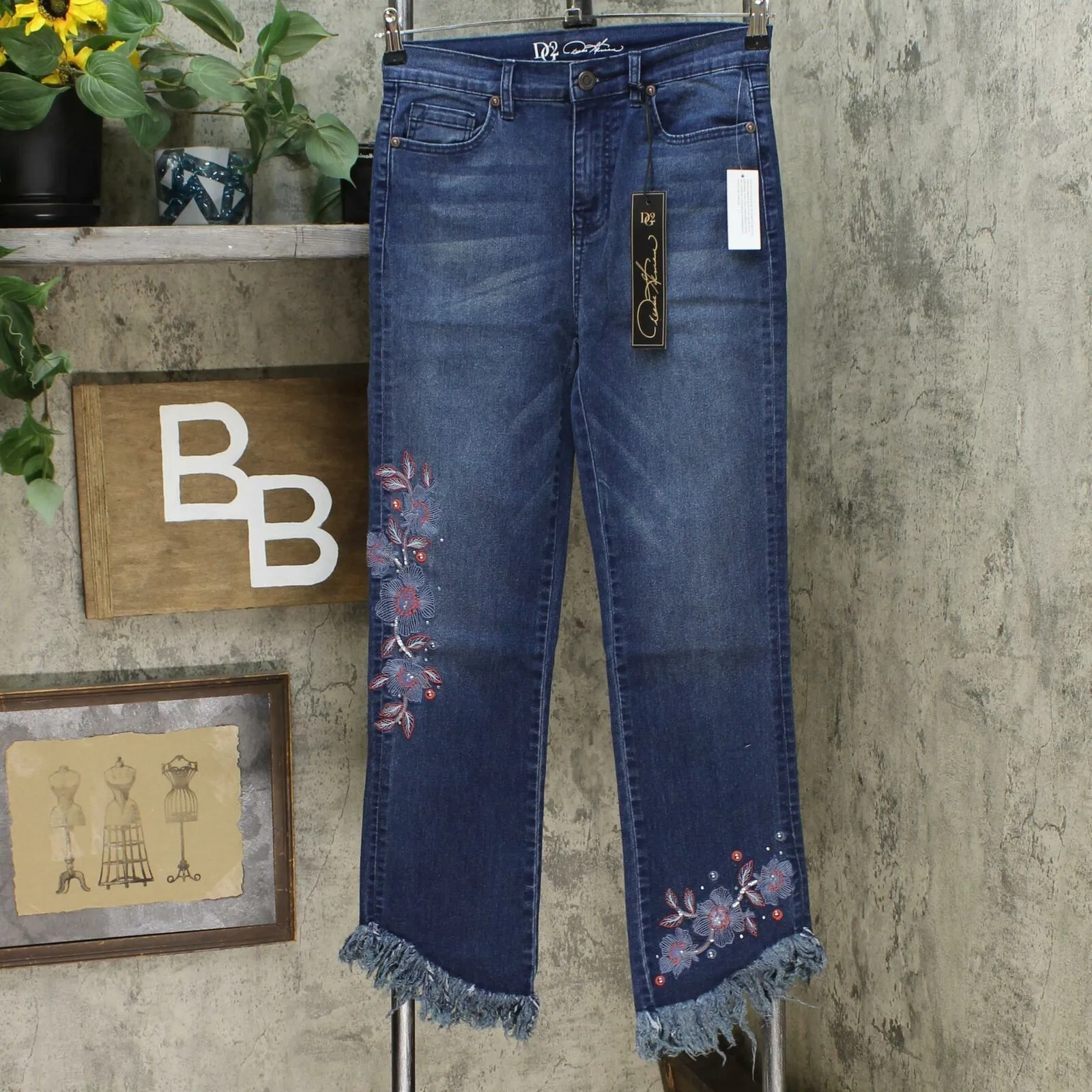 DG2 by Diane Gilman Women's Tall Embellished Fringe Hem Cropped Jeans