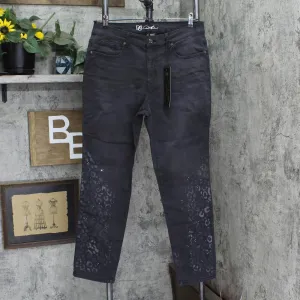 DG2 Womens Leopard Print Embellished Straight Leg Jeans Black Animal 14