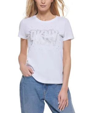 Dkny Jeans Womens Diamante Embellished Logo T-Shirt E21FNDNA White XL