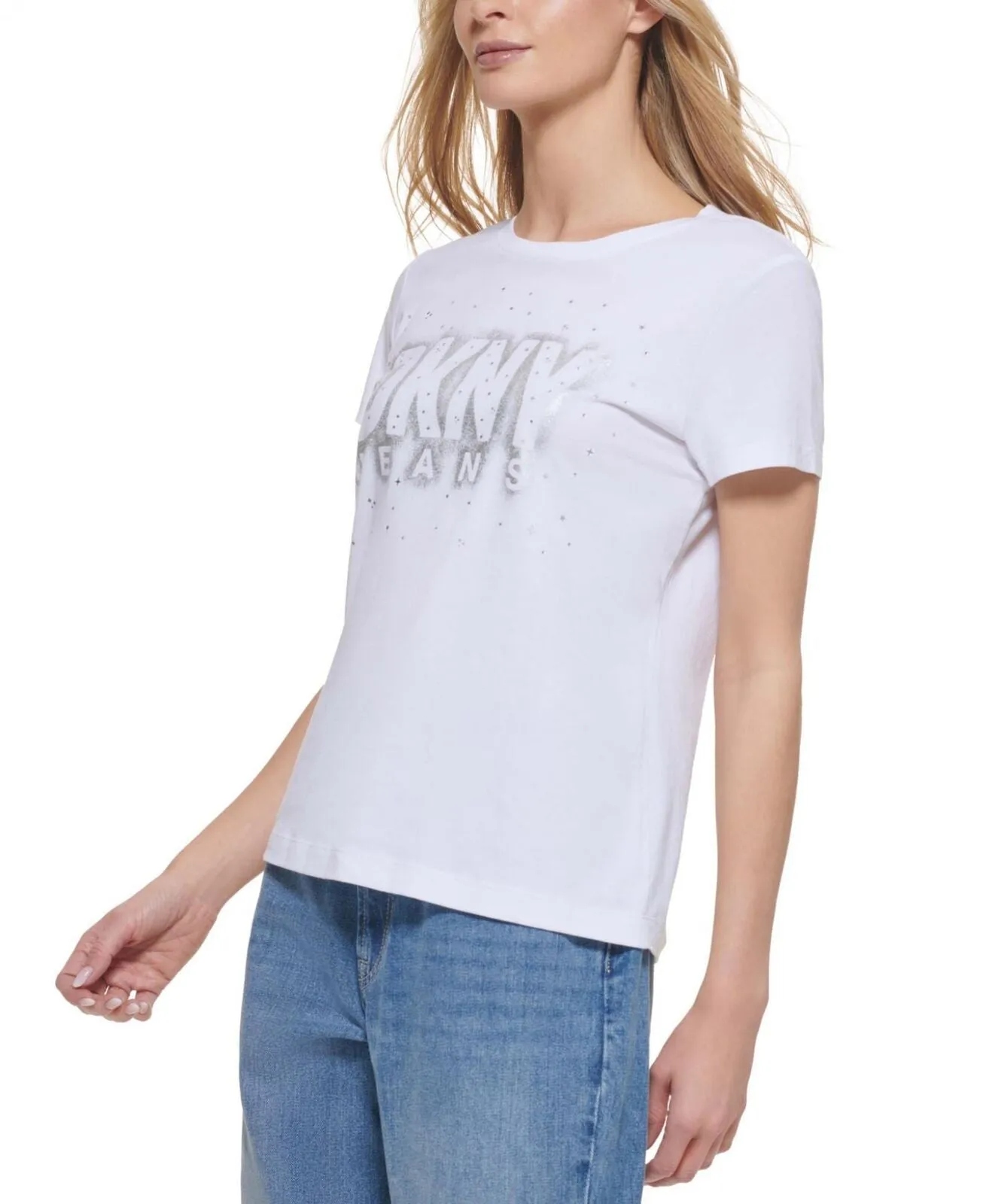Dkny Jeans Womens Diamante Embellished Logo T-Shirt E21FNDNA White XL
