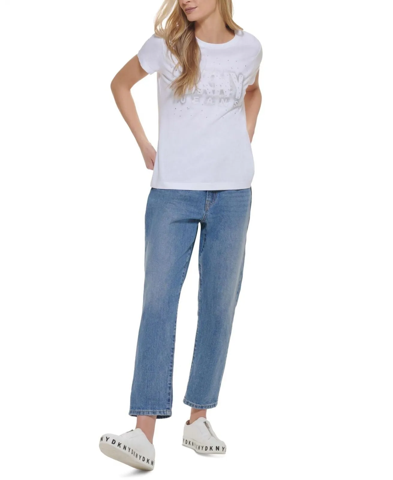 Dkny Jeans Womens Diamante Embellished Logo T-Shirt E21FNDNA White XL