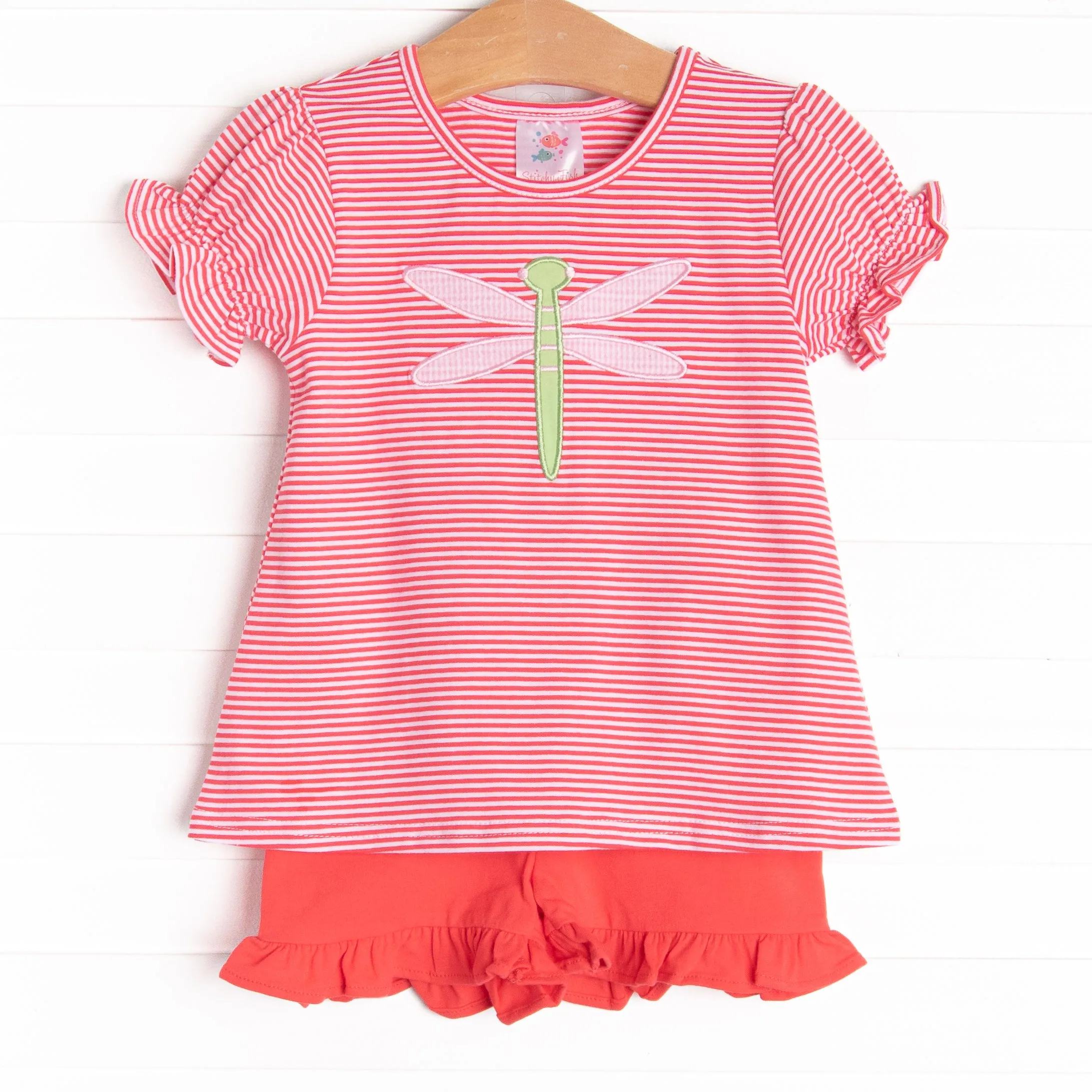 Dragonfly Days Applique Ruffle Short Set, Red