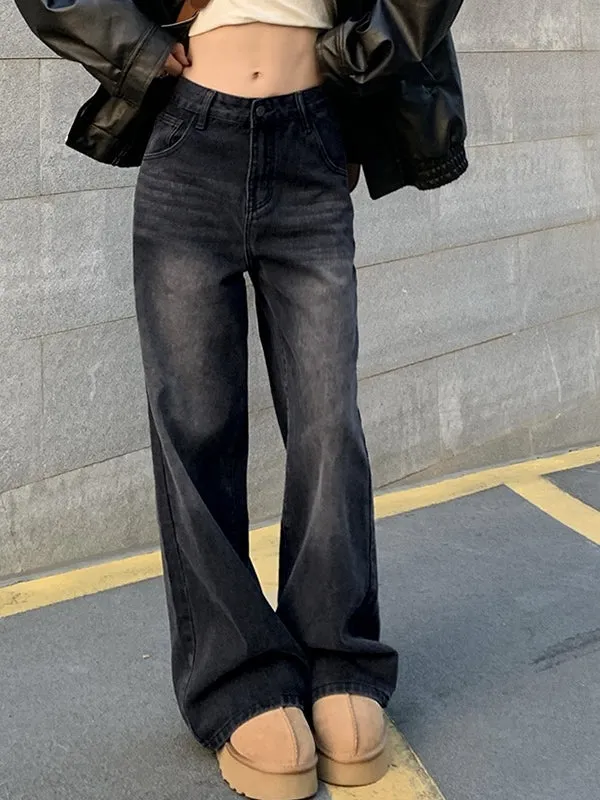 Dunkle Vintage Gewaschene Boyfriend Jeans mit Hoher Taille