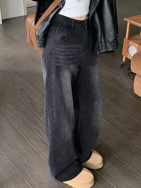 Dunkle Vintage Gewaschene Boyfriend Jeans mit Hoher Taille