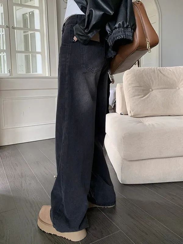 Dunkle Vintage Gewaschene Boyfriend Jeans mit Hoher Taille