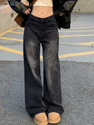 Dunkle Vintage Gewaschene Boyfriend Jeans mit Hoher Taille