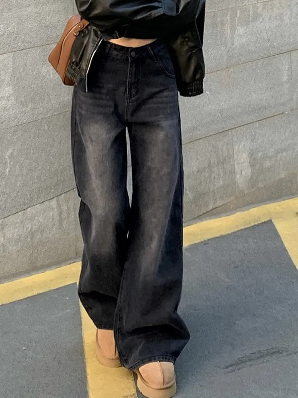 Dunkle Vintage Gewaschene Boyfriend Jeans mit Hoher Taille