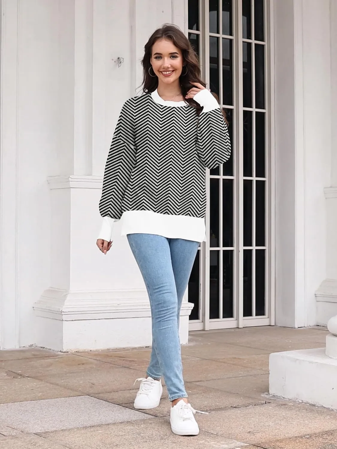 ETCYY Womens Sweaters Fall 2024 Batwing Long Sleeve Side Slit Knit Tops Crew Neck Striped Oversized Sweater Pullover Tops