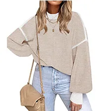 ETCYY Womens Sweaters Fall 2024 Batwing Long Sleeve Side Slit Knit Tops Crew Neck Striped Oversized Sweater Pullover Tops