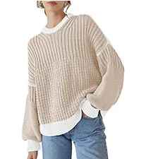 ETCYY Womens Sweaters Fall 2024 Batwing Long Sleeve Side Slit Knit Tops Crew Neck Striped Oversized Sweater Pullover Tops