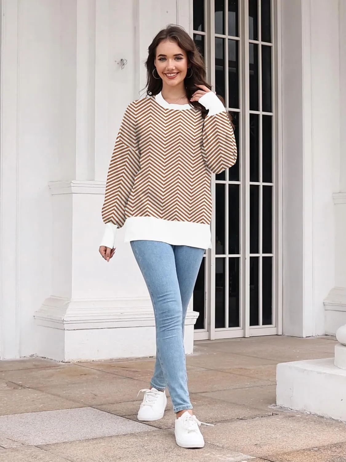 ETCYY Womens Sweaters Fall 2024 Batwing Long Sleeve Side Slit Knit Tops Crew Neck Striped Oversized Sweater Pullover Tops