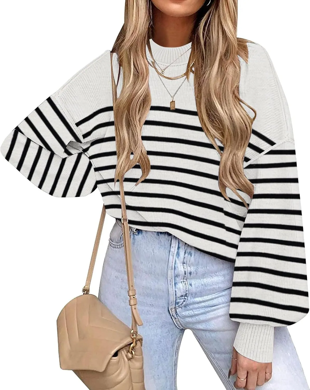 ETCYY Womens Sweaters Fall 2024 Batwing Long Sleeve Side Slit Knit Tops Crew Neck Striped Oversized Sweater Pullover Tops