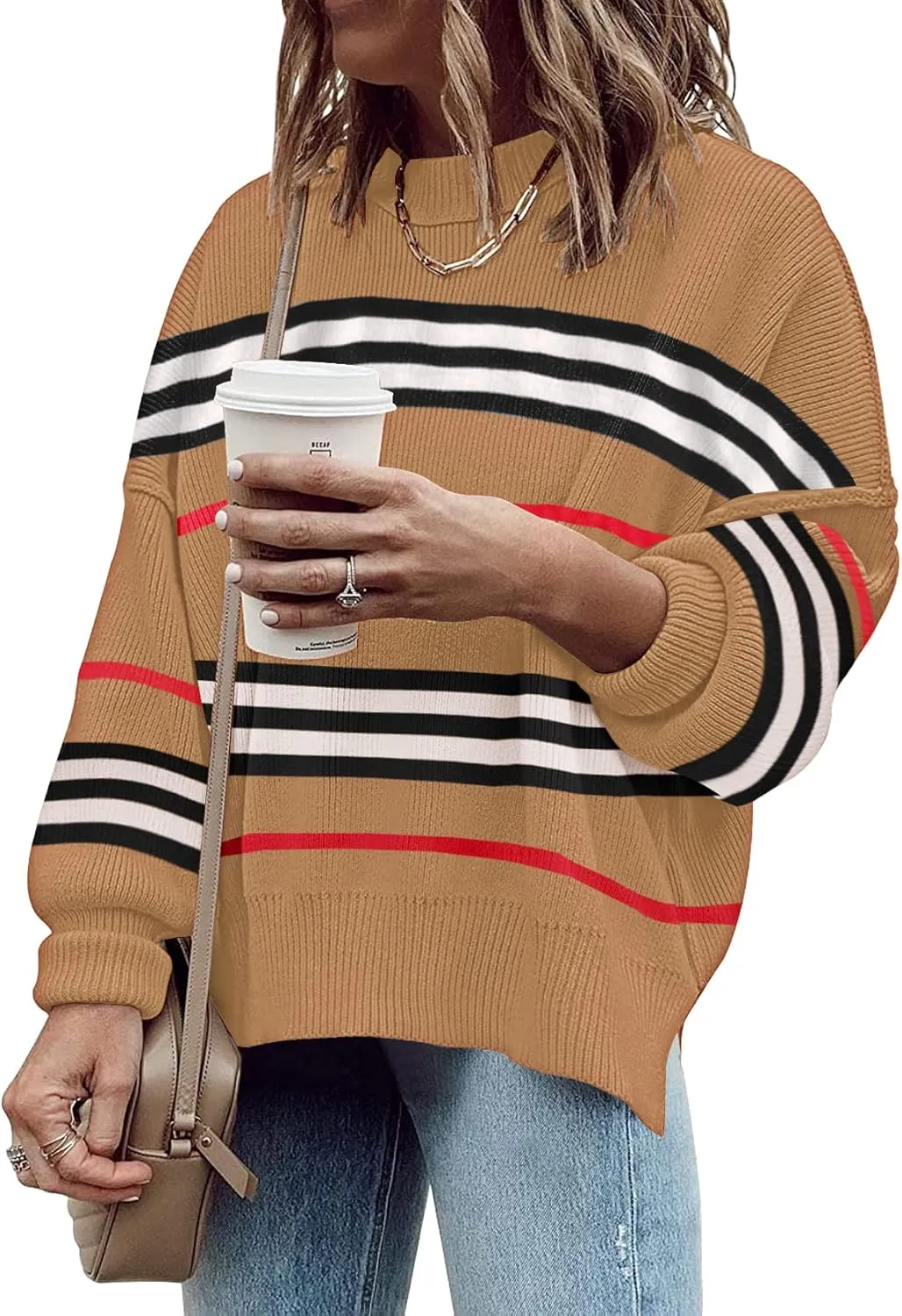 ETCYY Womens Sweaters Fall 2024 Batwing Long Sleeve Side Slit Knit Tops Crew Neck Striped Oversized Sweater Pullover Tops