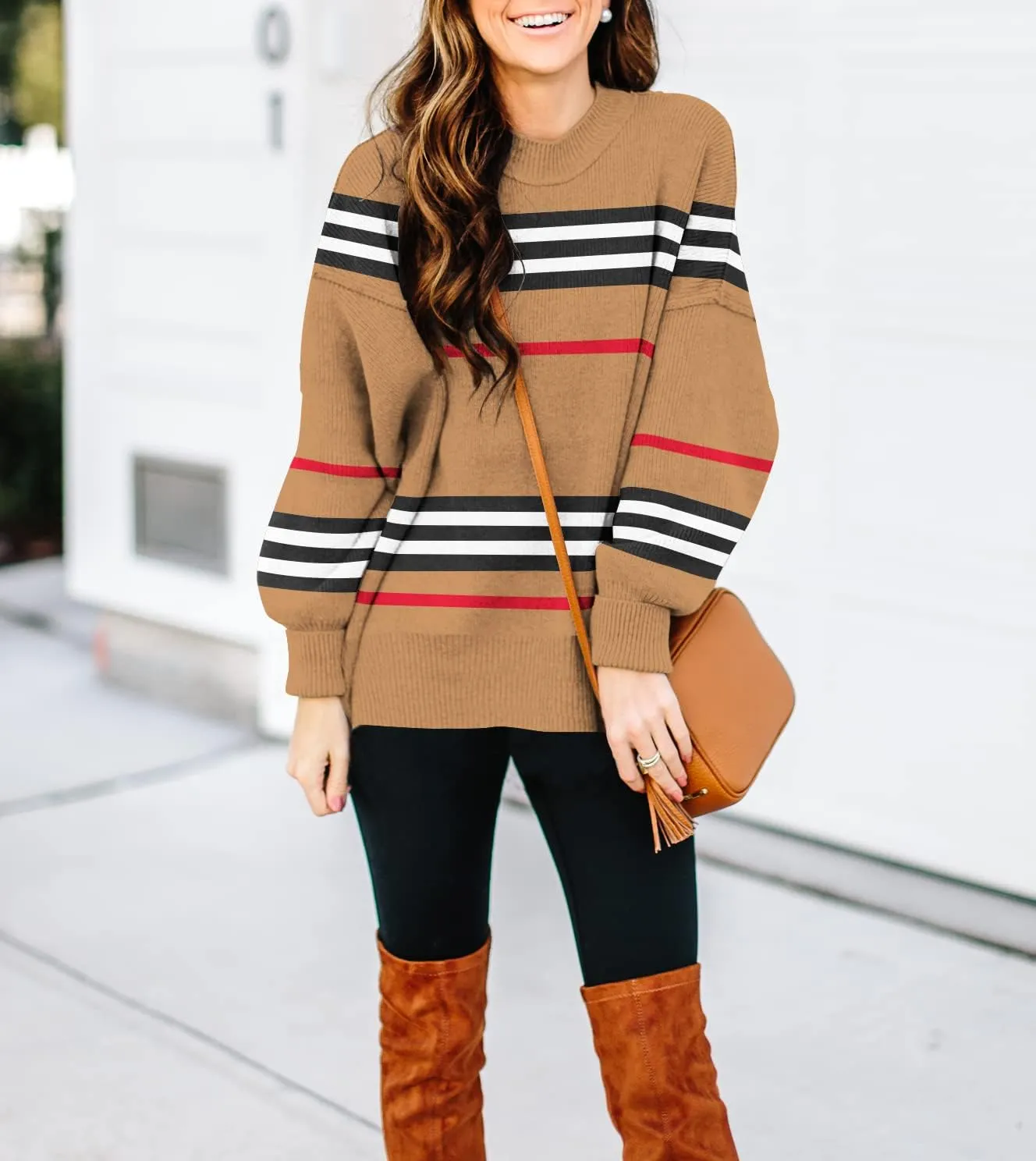 ETCYY Womens Sweaters Fall 2024 Batwing Long Sleeve Side Slit Knit Tops Crew Neck Striped Oversized Sweater Pullover Tops