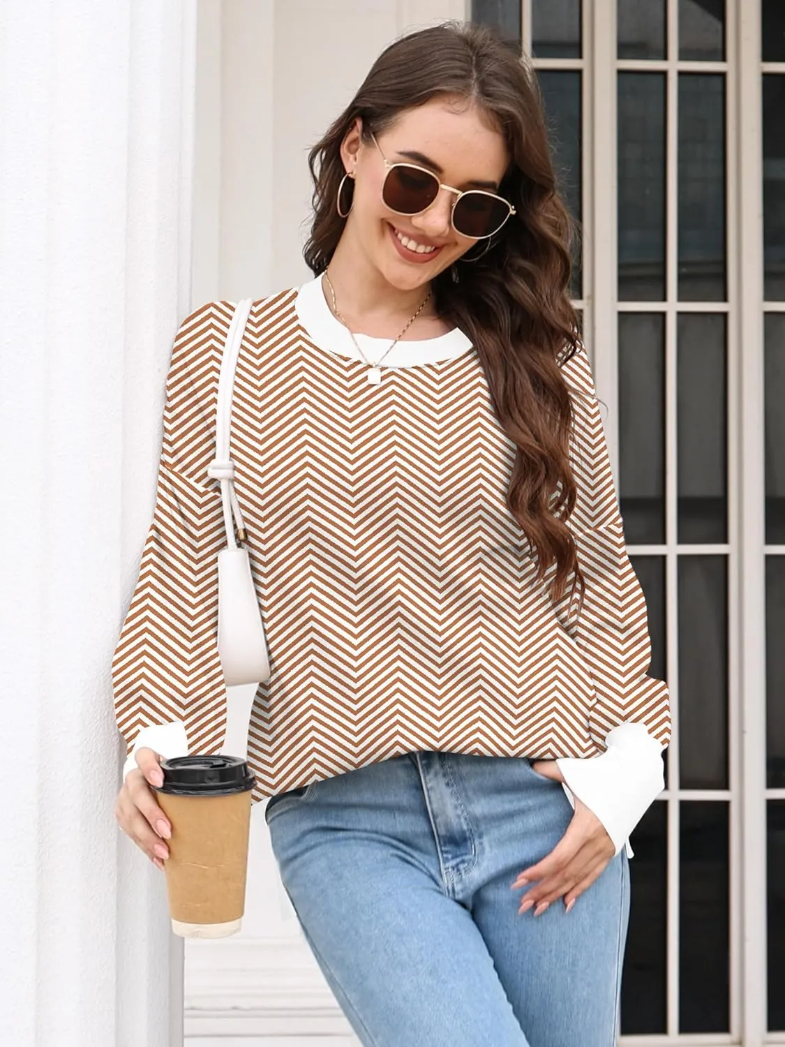 ETCYY Womens Sweaters Fall 2024 Batwing Long Sleeve Side Slit Knit Tops Crew Neck Striped Oversized Sweater Pullover Tops