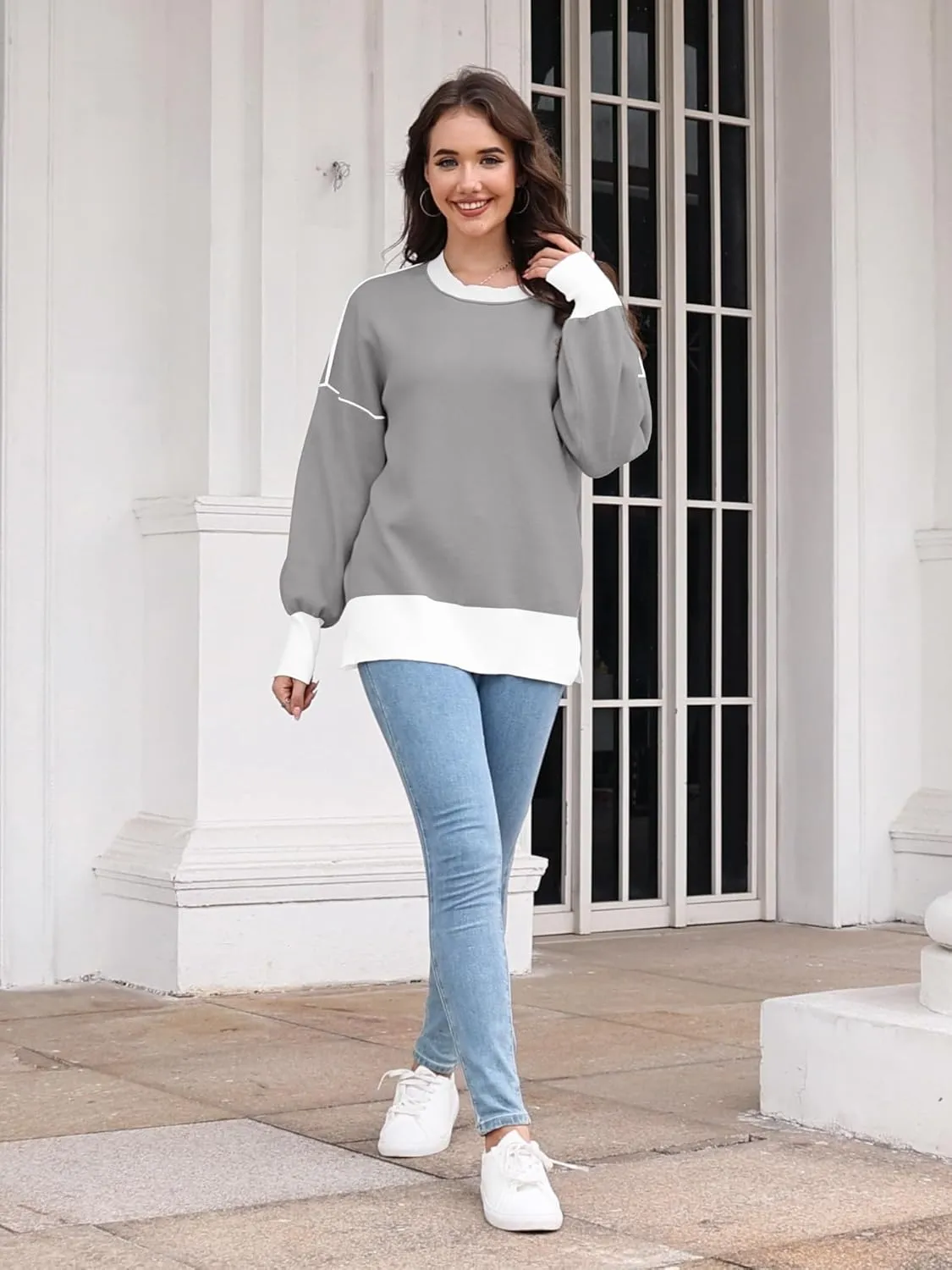 ETCYY Womens Sweaters Fall 2024 Batwing Long Sleeve Side Slit Knit Tops Crew Neck Striped Oversized Sweater Pullover Tops