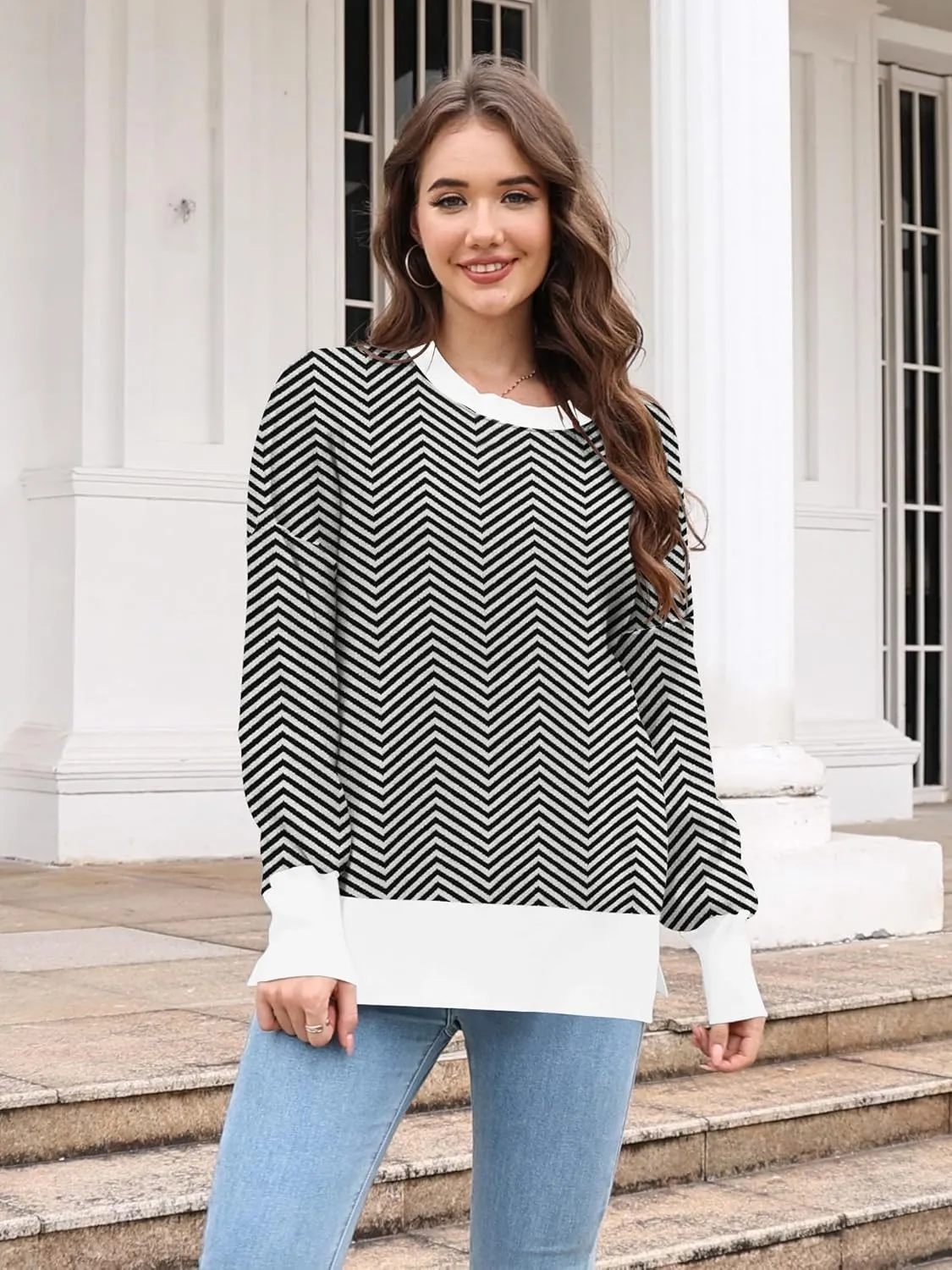 ETCYY Womens Sweaters Fall 2024 Batwing Long Sleeve Side Slit Knit Tops Crew Neck Striped Oversized Sweater Pullover Tops