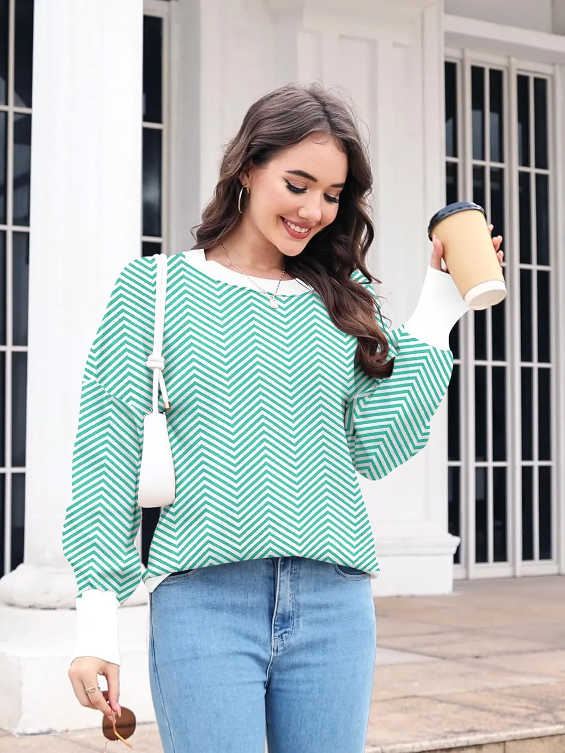 ETCYY Womens Sweaters Fall 2024 Batwing Long Sleeve Side Slit Knit Tops Crew Neck Striped Oversized Sweater Pullover Tops