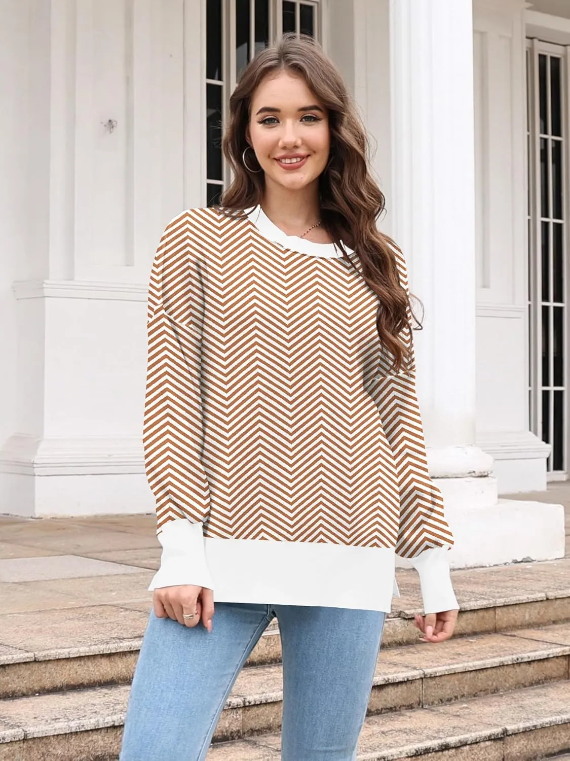 ETCYY Womens Sweaters Fall 2024 Batwing Long Sleeve Side Slit Knit Tops Crew Neck Striped Oversized Sweater Pullover Tops