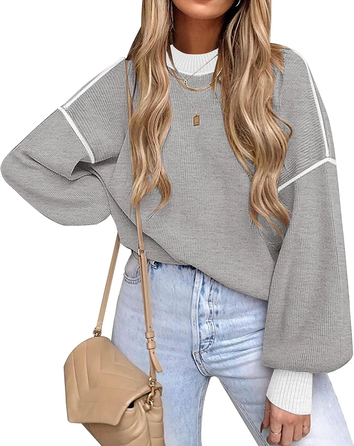 ETCYY Womens Sweaters Fall 2024 Batwing Long Sleeve Side Slit Knit Tops Crew Neck Striped Oversized Sweater Pullover Tops