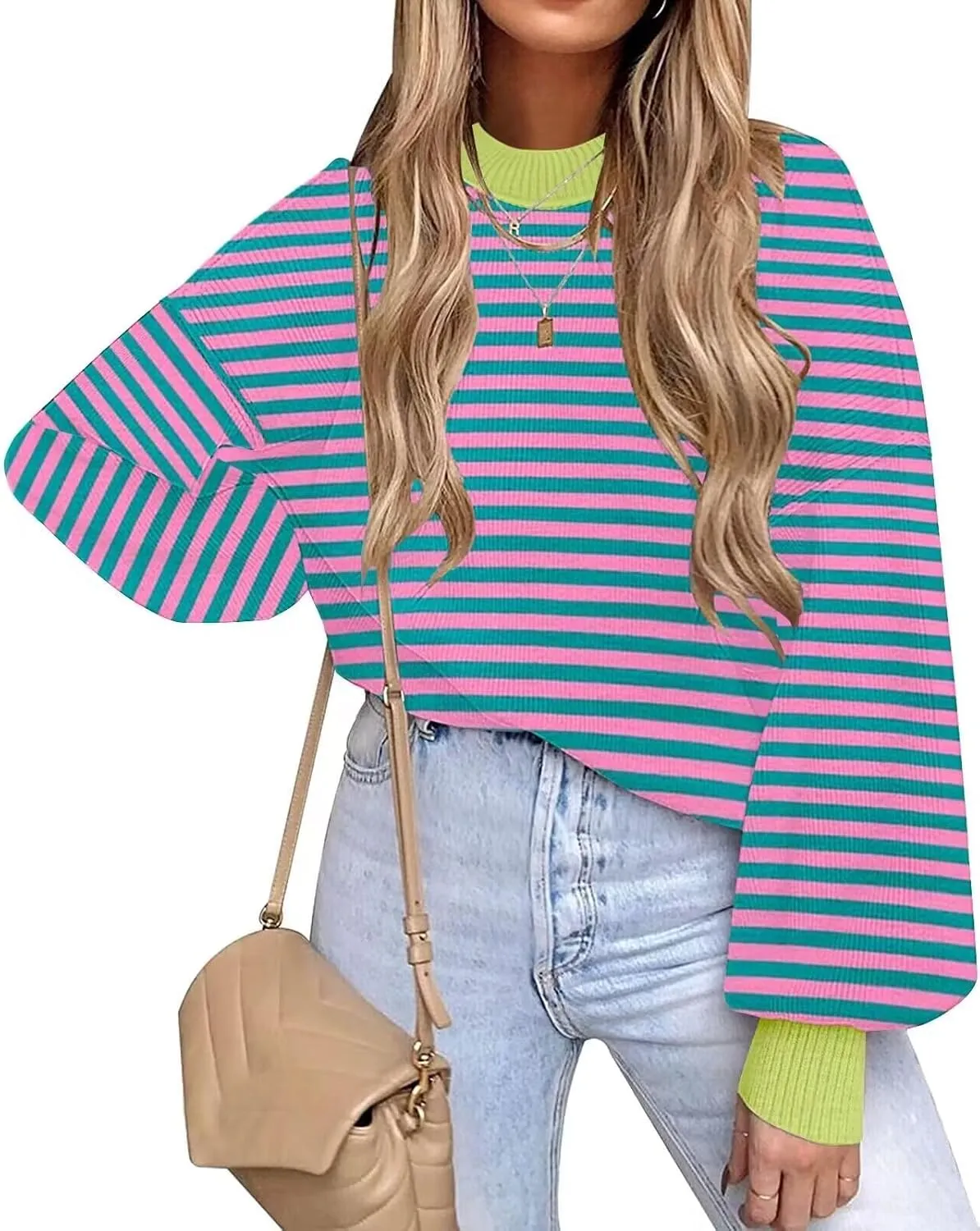 ETCYY Womens Sweaters Fall 2024 Batwing Long Sleeve Side Slit Knit Tops Crew Neck Striped Oversized Sweater Pullover Tops