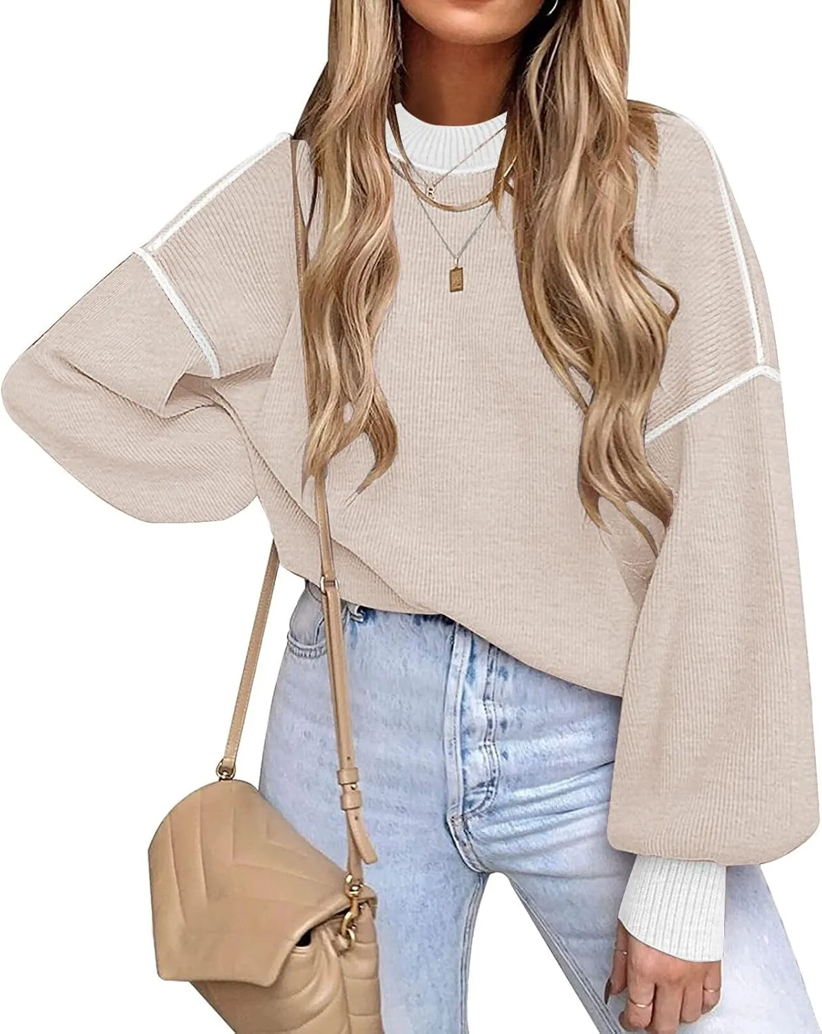 ETCYY Womens Sweaters Fall 2024 Batwing Long Sleeve Side Slit Knit Tops Crew Neck Striped Oversized Sweater Pullover Tops