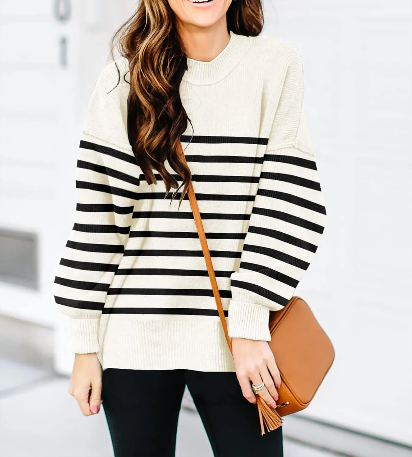 ETCYY Womens Sweaters Fall 2024 Batwing Long Sleeve Side Slit Knit Tops Crew Neck Striped Oversized Sweater Pullover Tops
