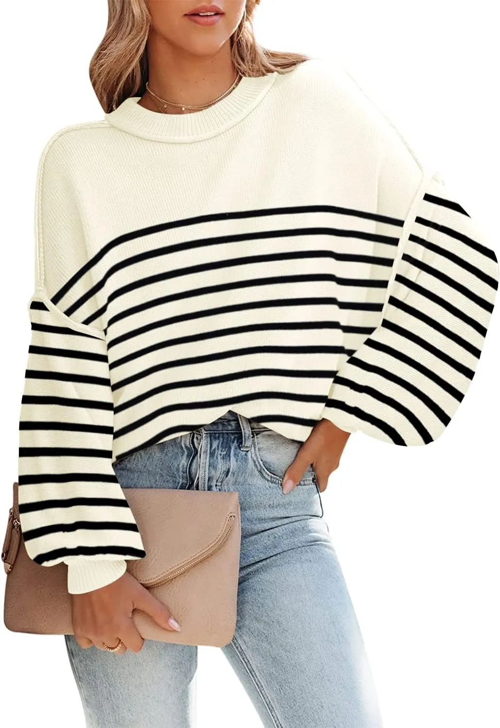ETCYY Womens Sweaters Fall 2024 Batwing Long Sleeve Side Slit Knit Tops Crew Neck Striped Oversized Sweater Pullover Tops