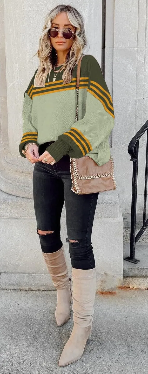 ETCYY Womens Sweaters Fall 2024 Batwing Long Sleeve Side Slit Knit Tops Crew Neck Striped Oversized Sweater Pullover Tops