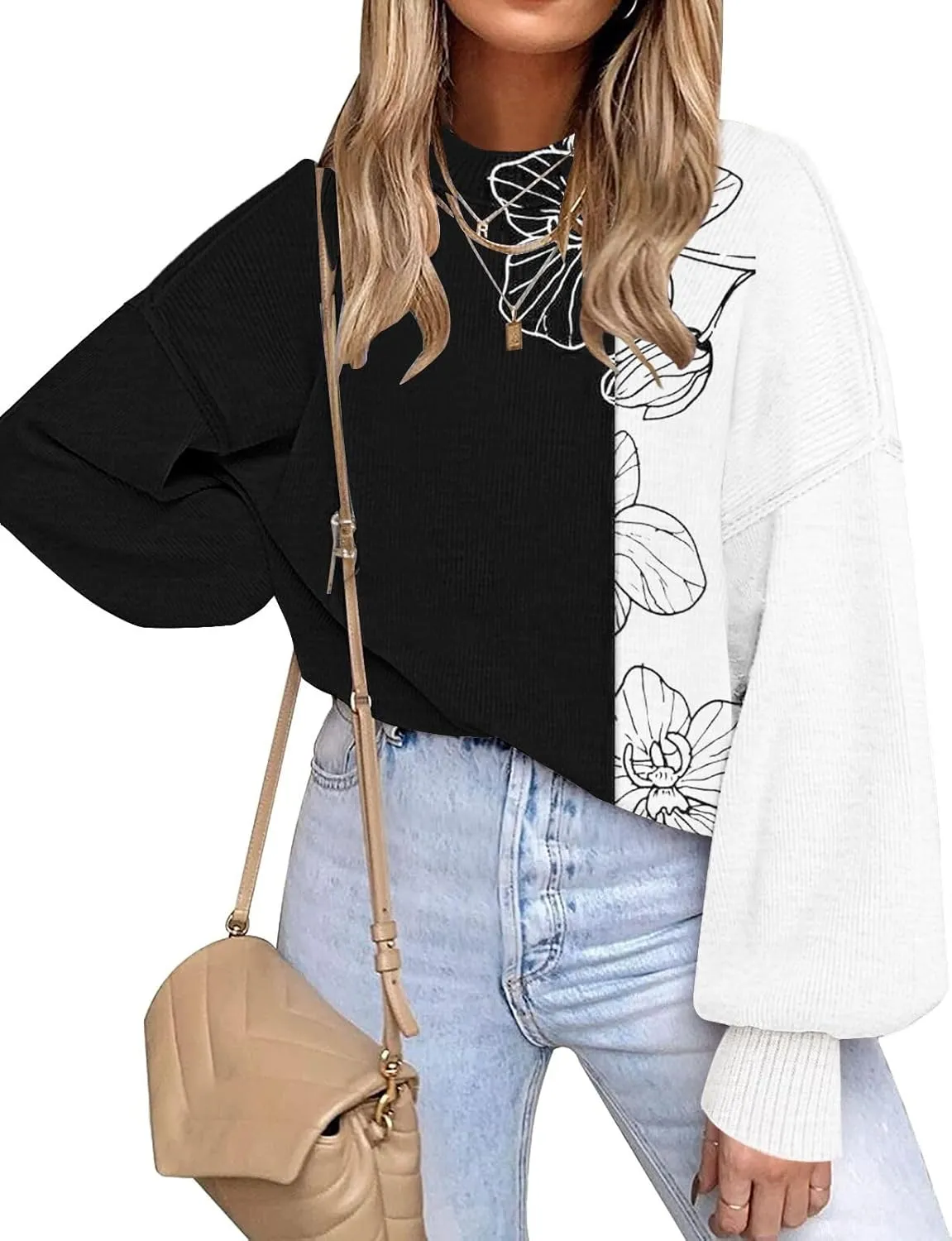 ETCYY Womens Sweaters Fall 2024 Batwing Long Sleeve Side Slit Knit Tops Crew Neck Striped Oversized Sweater Pullover Tops