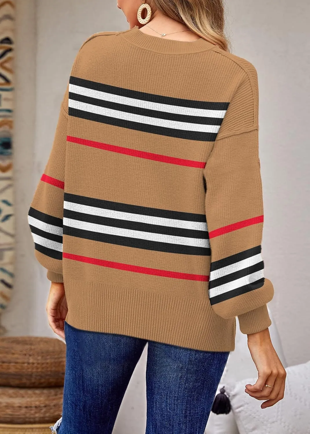 ETCYY Womens Sweaters Fall 2024 Batwing Long Sleeve Side Slit Knit Tops Crew Neck Striped Oversized Sweater Pullover Tops